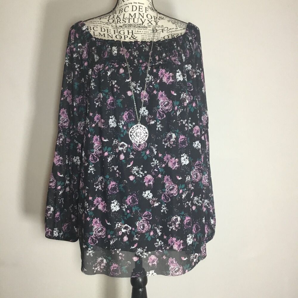 On off shoulder black blouse long smocked sleeve peasant milkmaid renaissance XL